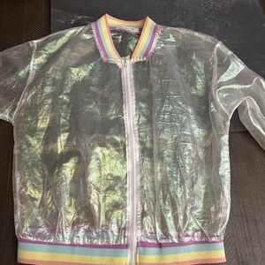 Iridescent Sheer Bomber Jacket with Pastel Trim
